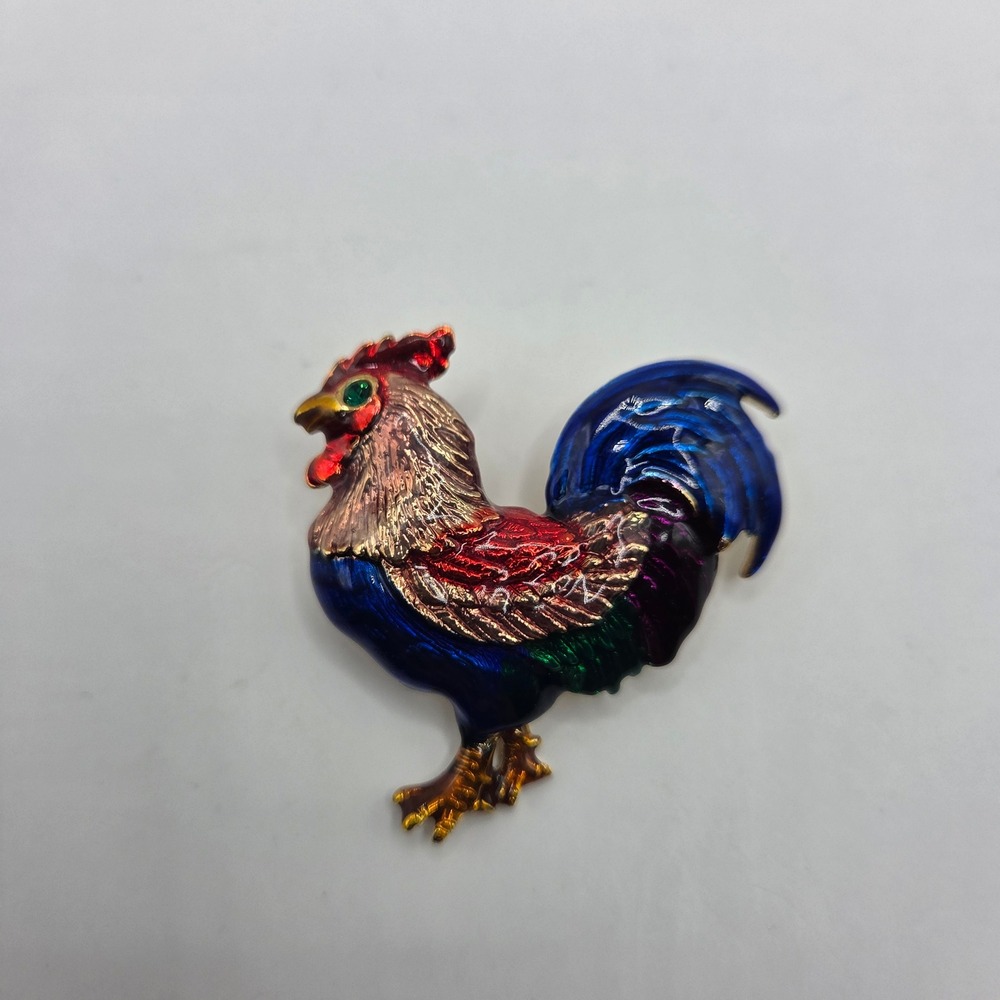 Colorful Enamel Rooster Brooch Gold Tone Green Rhinestone Eye Figural Bird Pin